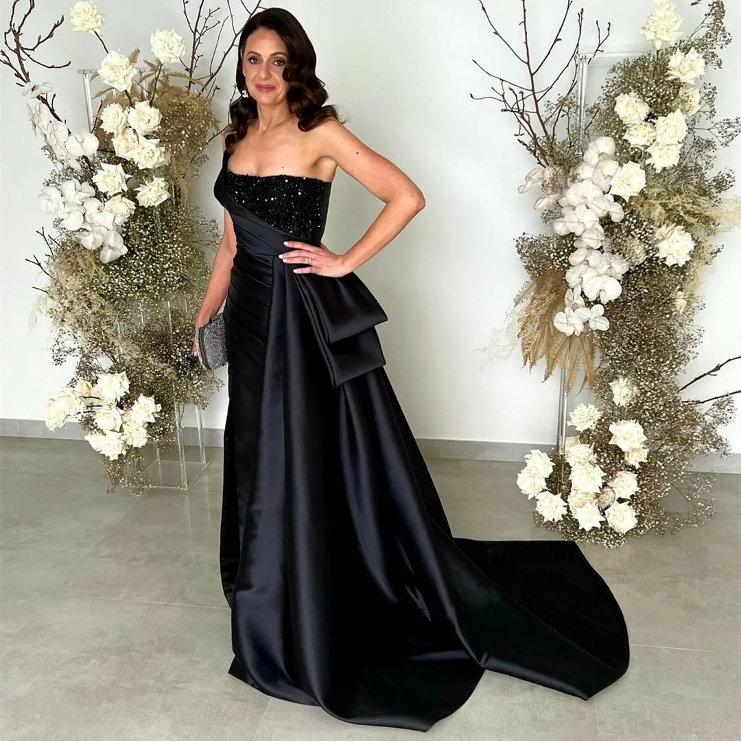 

Vintage Long Black One Shoulder Sequined Evening Dresses فساتين السهرة Sheath Satin Pleated Prom Dress Robe de soirée for Women