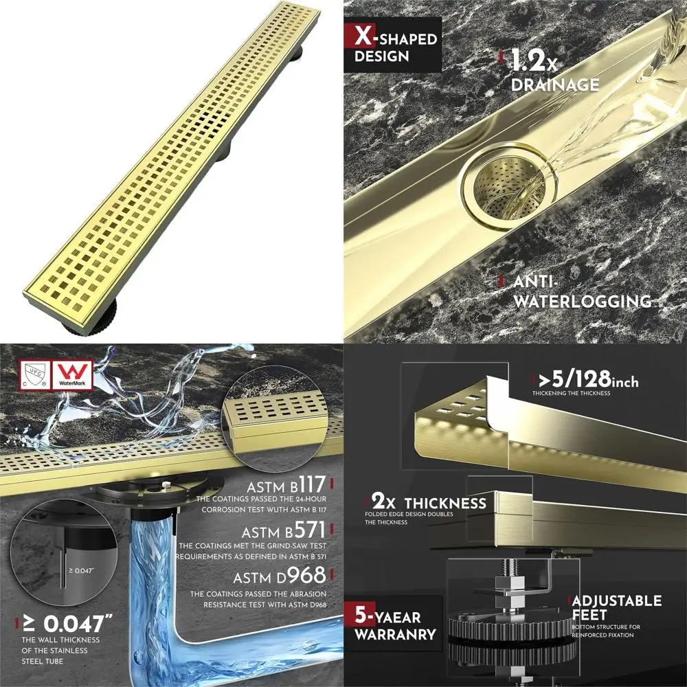 

24 Rectangular Shower Drain with Square Pattern Cover in Brushed Gold Stainless Steel, CUPC Certified