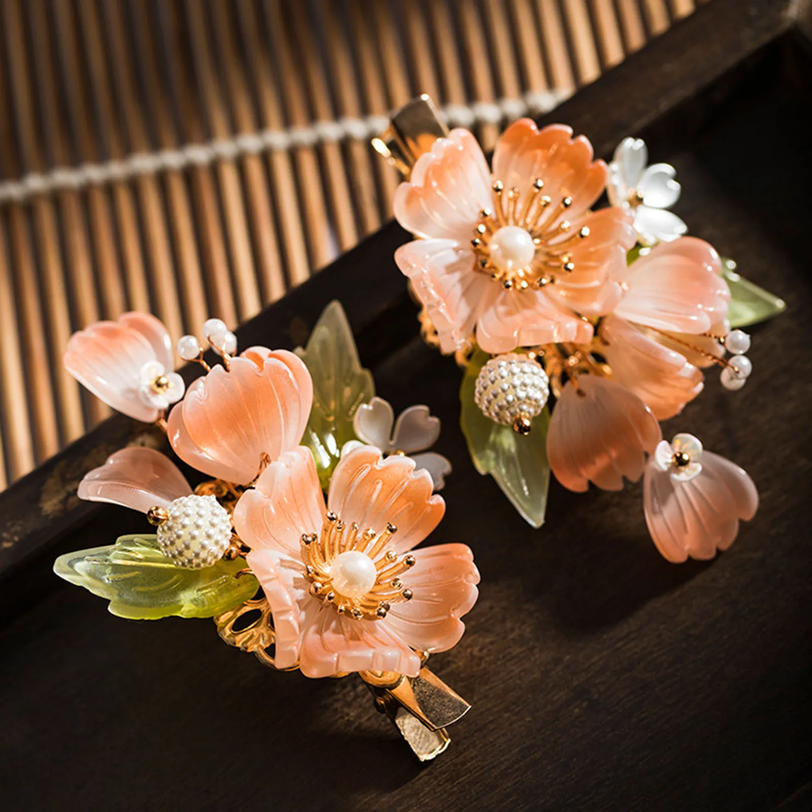 Girls Retro Haie Clip 2pcs Pearl Hairpin Chinese Coral Flower Headdress For Hanfu Dress Vintage Alloy Pink Floral Hair Jewelry