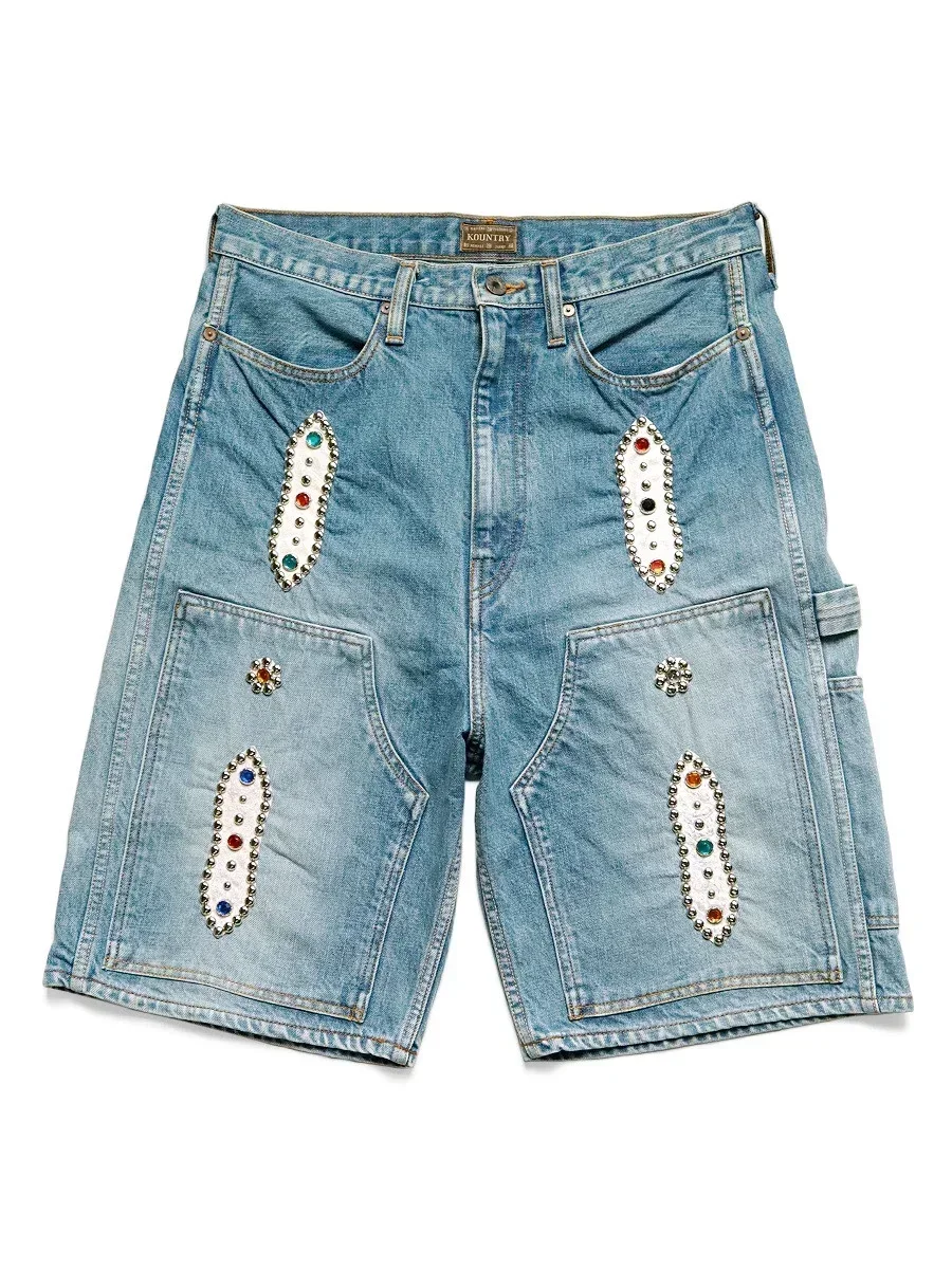 Japan KAPITAL Hirata Hiroshi 23SS New Blue Dyed Retro Made Old Wash Loose Rivet Inlaid Gem Denim Shorts Jeans