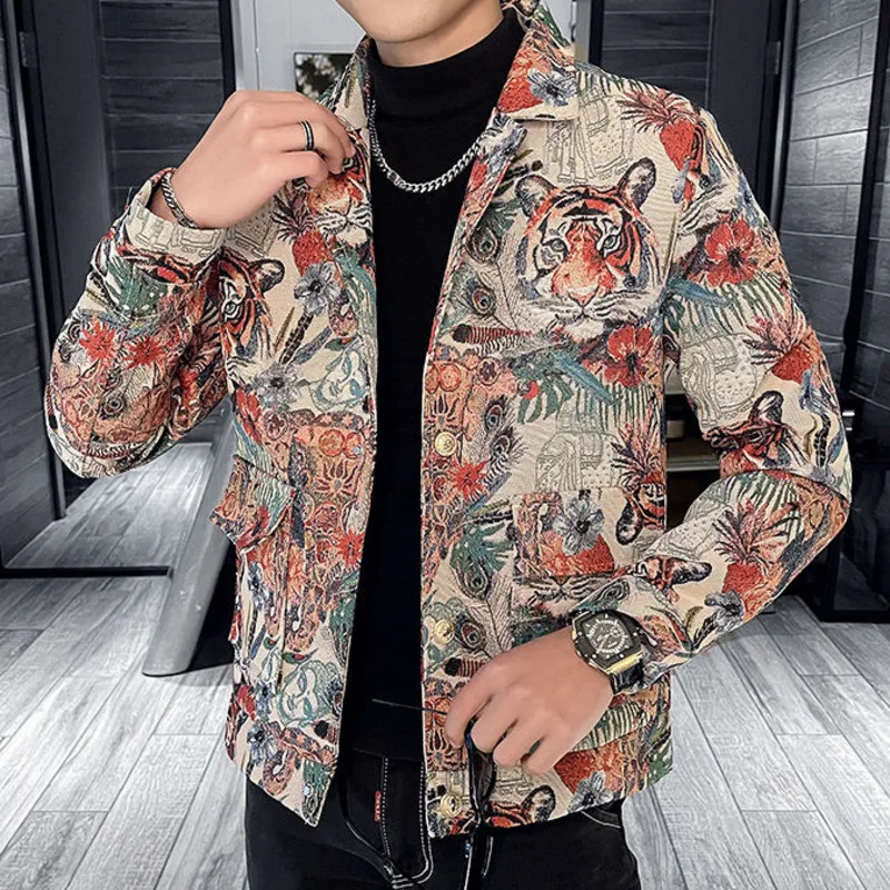 

High Quality Men's Blazer Jacket Fashion Tiger Print Slim Casual Jacket Lapel Single Breasted Business Social Coats Streetwear