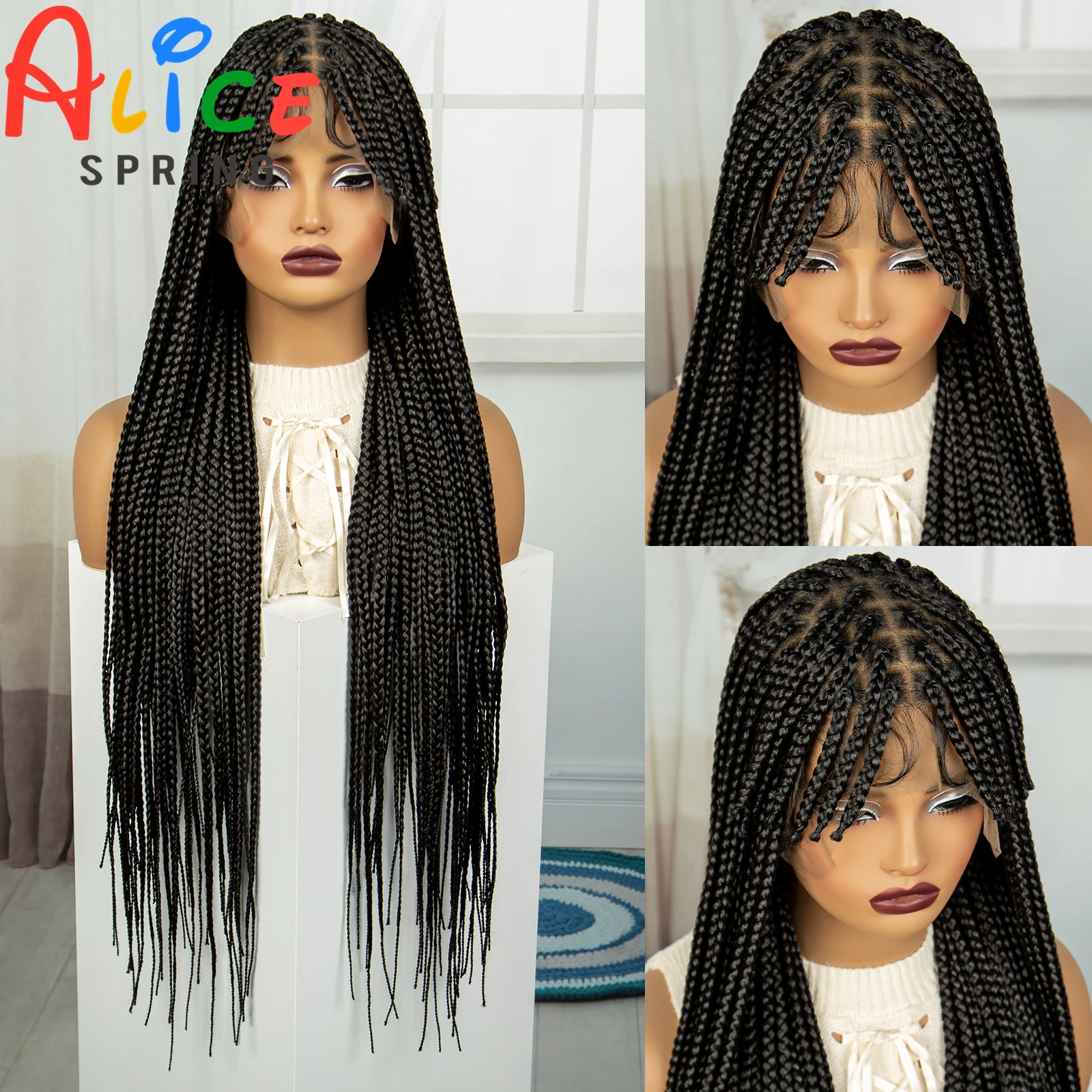 Full Lace Braided Wig with Bangs Synthetic Knotless Box Braids Wig with Baby Hair Lace Frontal Braided Lace Wig for Black Women