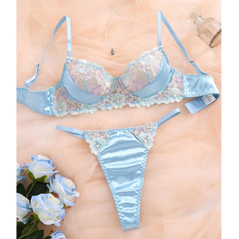 

Sexy Female Lingerie Floral Embroidery Bra and Panty Set Romantic Translucent Underwear Light Blue Luxury Intimate Lingerie Set