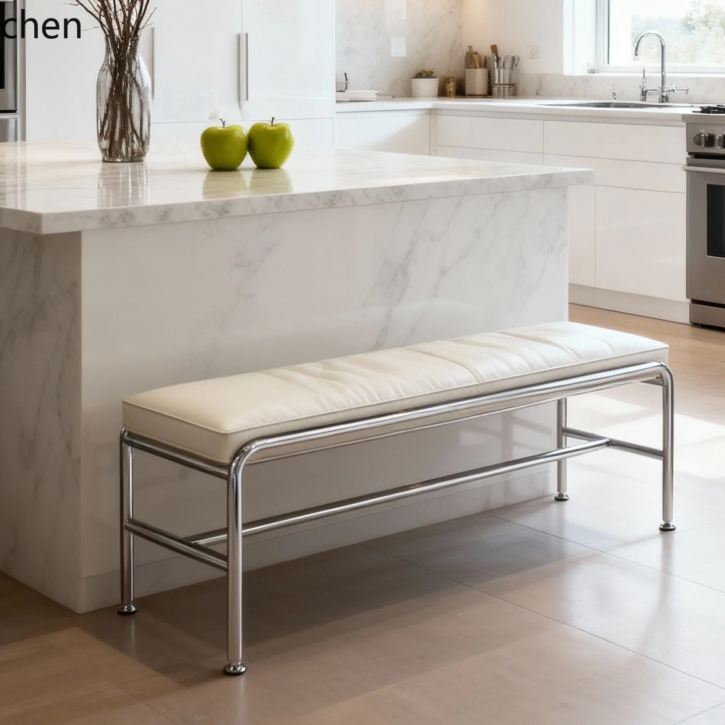 HYS Genuine Leather Stainless Steel Home Shoe Changing Stool Modern Simple High-End Living Room Dining Chair Bench