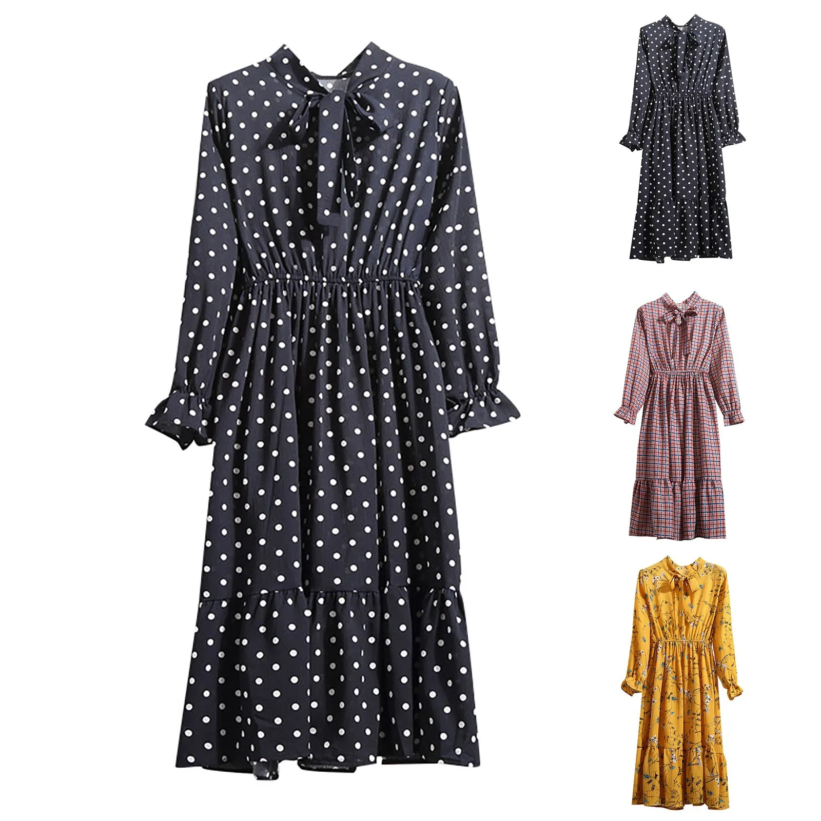 

Women's Bottoming Dress Bowknot Round Neck Long Sleeve Elastic Waist Mid-Length Dresses Printing Fashion Loose Casual Dress