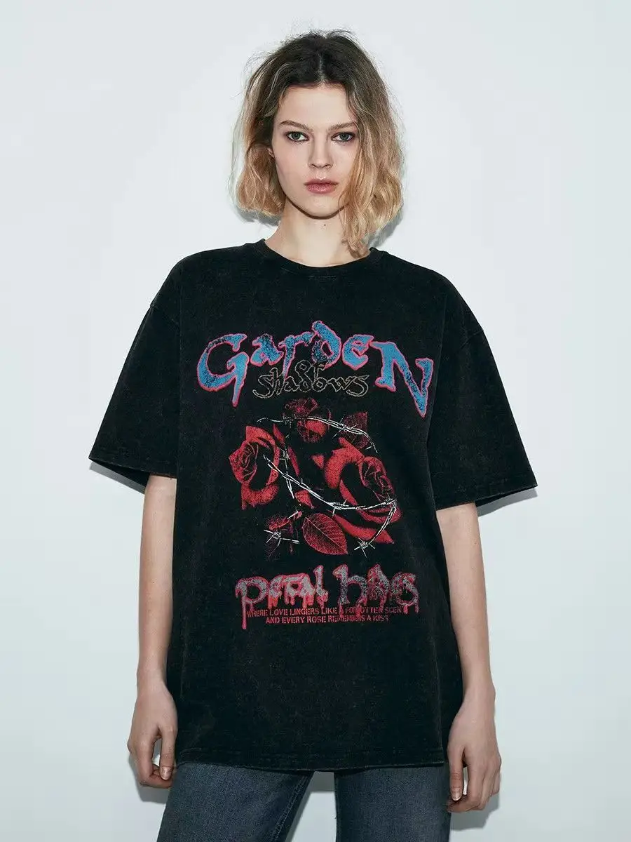 Rose Flowers Garden Shadows High Street Gothic Y2k Aesthetic T-shirt Womens Clothes Short Sleeve Hip Hop American Vintage Summer