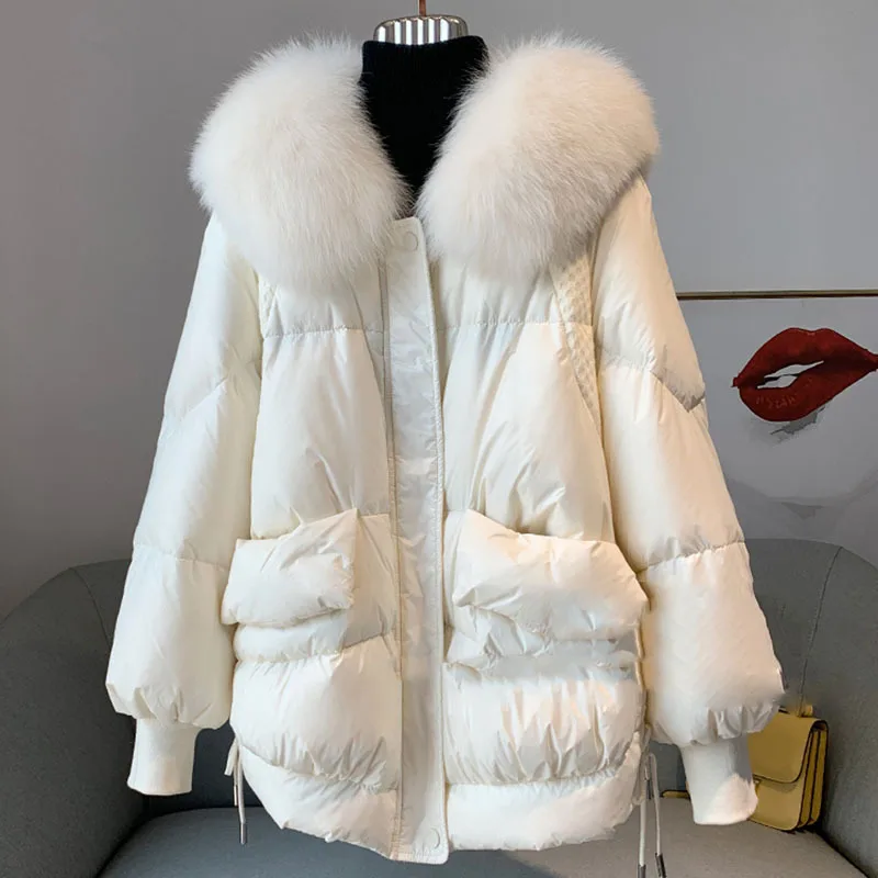 Winter New White Duck Down Jacket for Women with Large Fur Collar Warmth  Loose Fitting White Duck Down Coat Women Parkas