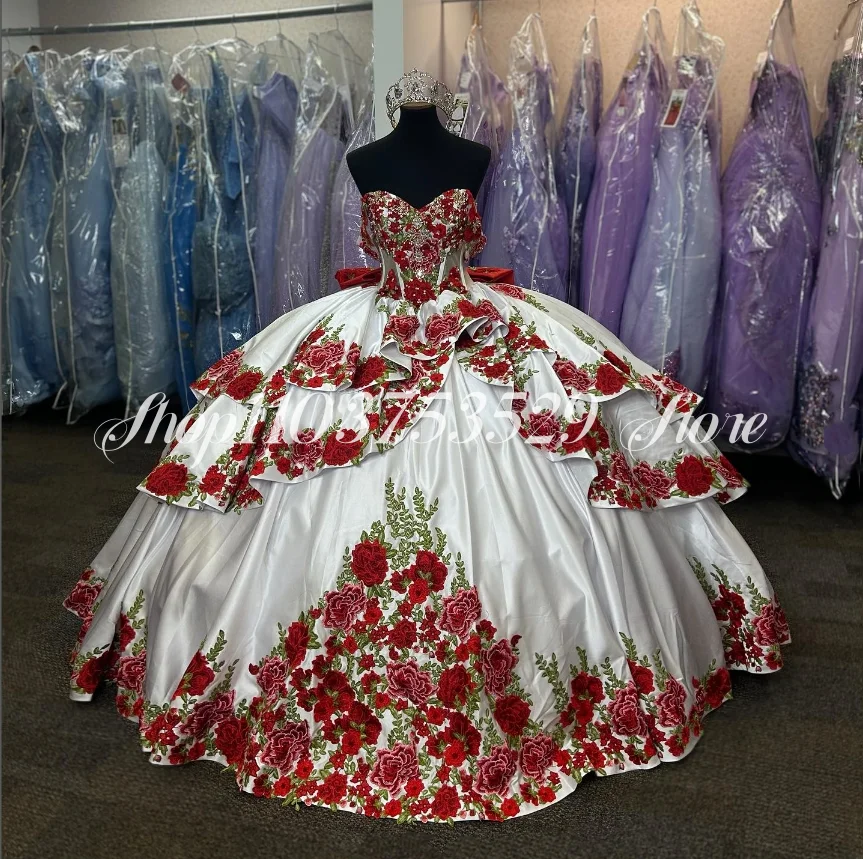 

Luxury Mexico Charro Quinceanera Dresses 2025 Red Floral Applique Boning Corset Sweet 16 Dress vestidos de xv años