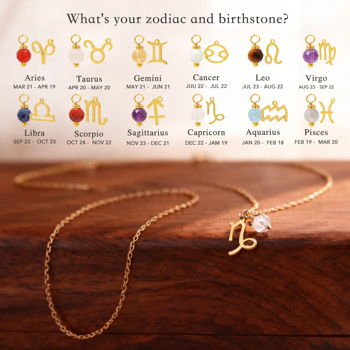 

Fashion 12 Zodiac Signs Natural Stone Pendant Necklace Gold-Plated Stainless Steel DIY Women's Necklace Birthday Gift