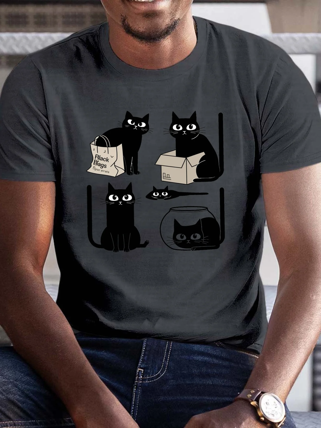 

Men Summer Casual T-Shirt with Humorous Black Cat Graphic Print Polyester Crew Neck Tee with Slight Stretch Men Clothing
