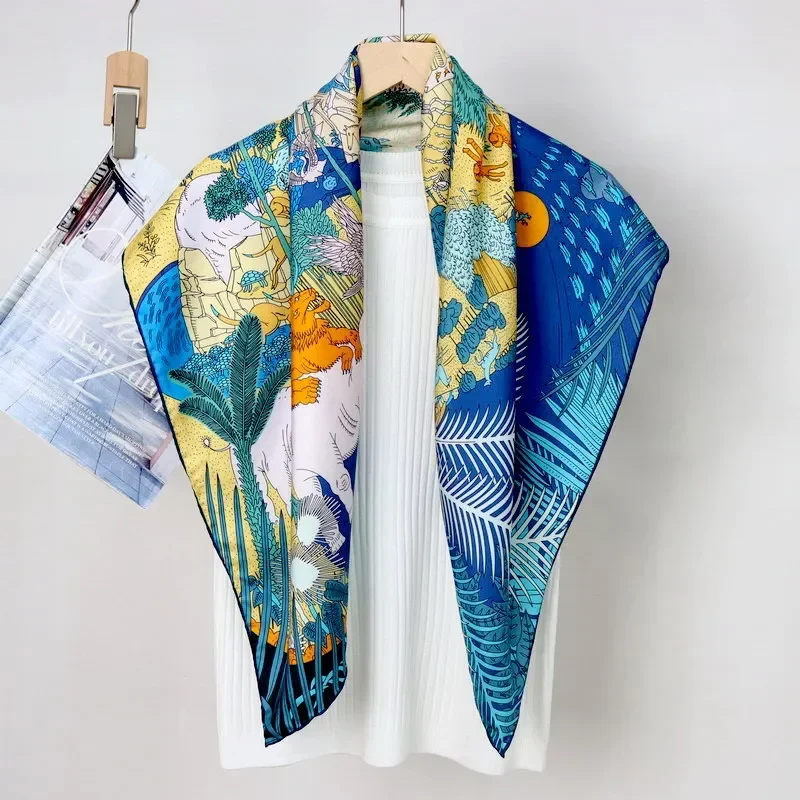 

High-end Elegant Women Fashion Exquisite Animal Carnival Print Quality 14MM Twill Silk Hand-rolled Edge Large Square Scarf Shawl