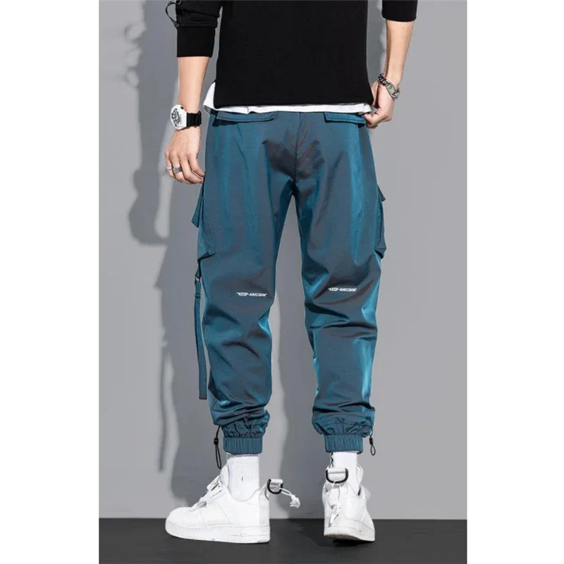 Thin Casual Pants Men Ribbons Harem Jogging Pants Male Slim Fit Spring Cargo Pants Multi-Pockets Trouser