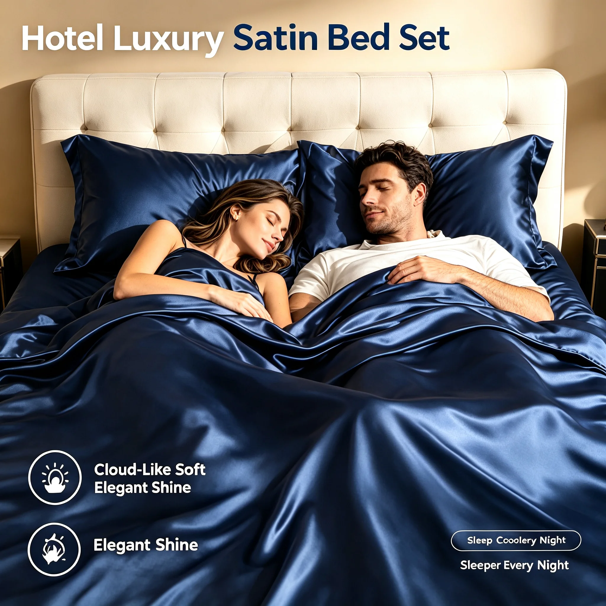 2200 Thread Count Ionic Silver Cooling Satin Bedding Set 4Pcs Luxury Hotel Silky Bed Sheet Set Deep Pocket Anti‑Pilling Bed Linen Twin Full Queen King Size Navy Blue Soft Breathable Bed Covers