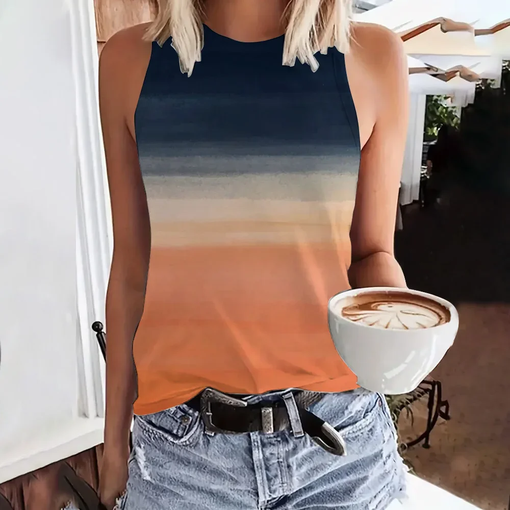 

Summer Women's Round Neck T-shirts Loose Casual Gradient 3d Printed Tank Tops Fashion Sleeveless Top Breathable Tees For Lady