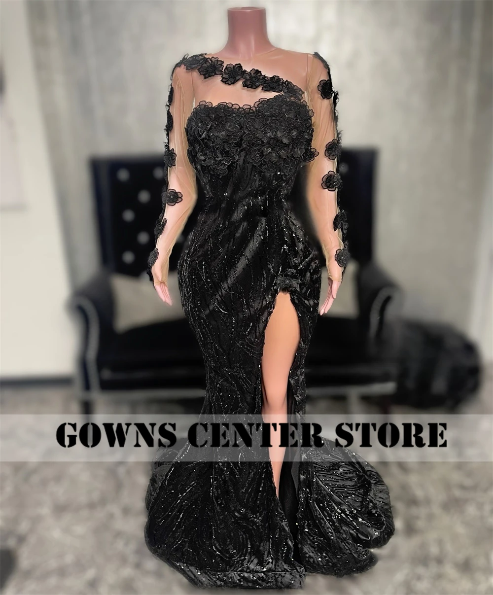 Exquisite Black Flowers Lace Applique Aso Ebi Prom Dress Long Sleeves Beaded African Elegant Evening Gowns For Woman Customized