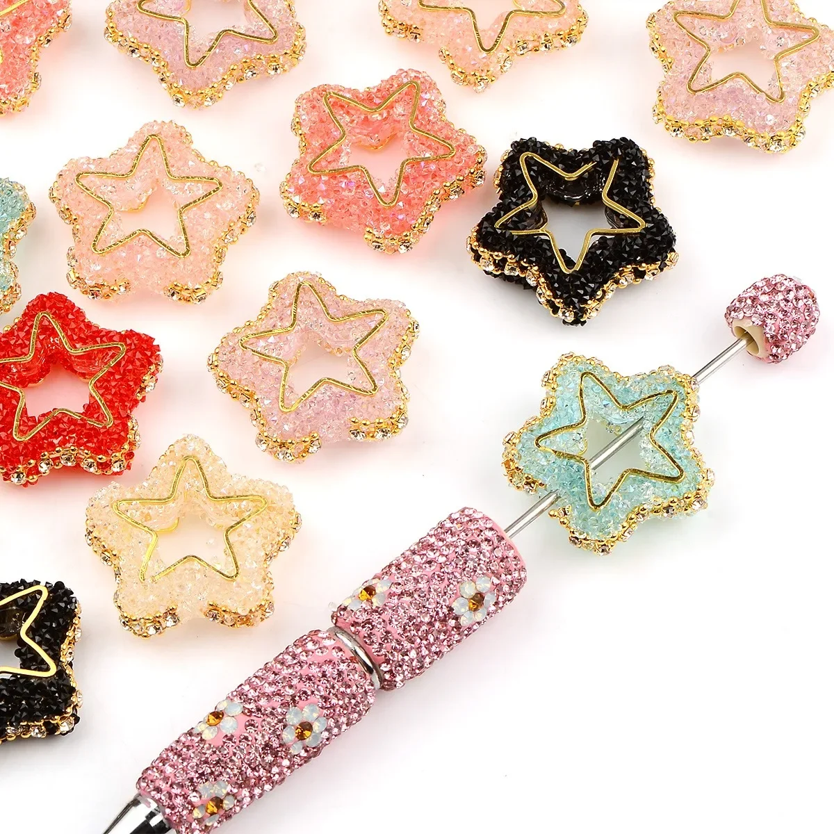 5pcs/10pcs Random Color Hollow Five-pointed Star Beads Drill Ball Straight Hole DIY Crafts Pen Mobile Phone Chain Key Chain