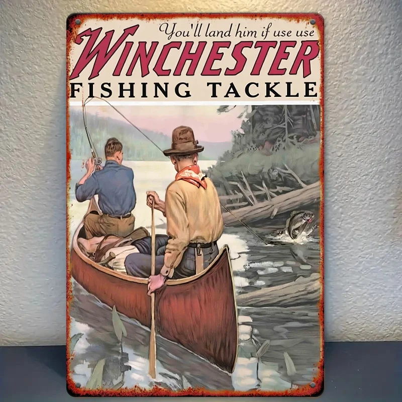 Winchester Fish and Tackle Hunting Fishing Theme Metal Sign,  Square Iron Wall Decor for Living Room, Bar, Garage, Club, Restaur