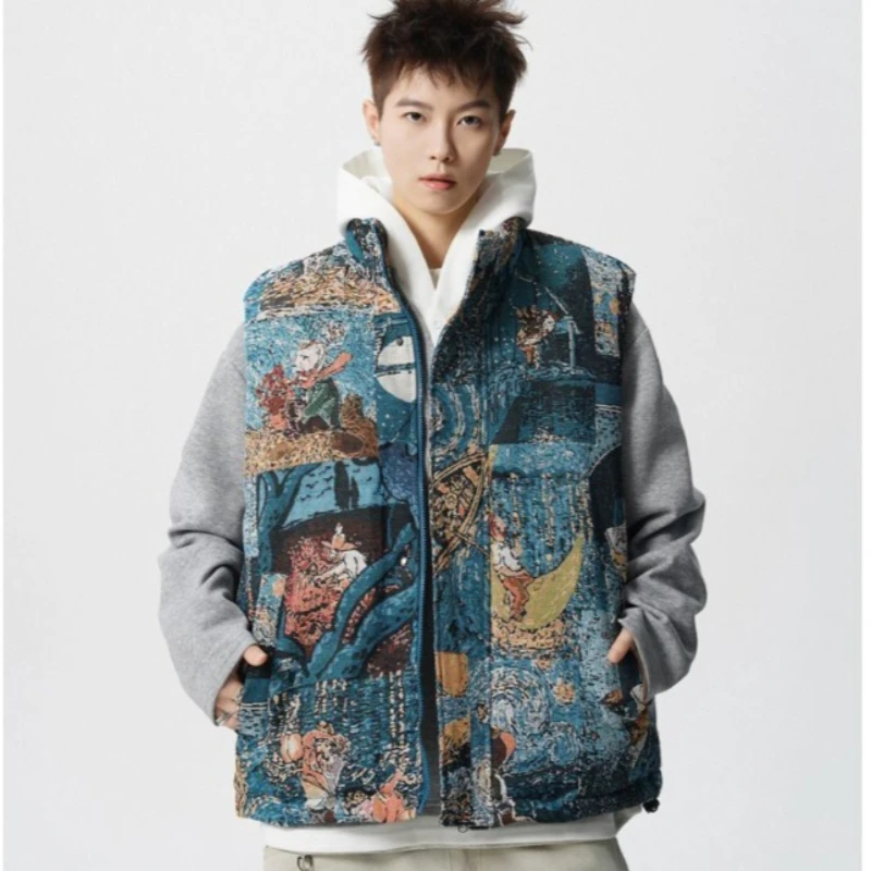 

Мужская осенне-зимняя новая модная красивая свободная куртка большого размера с утолщенными плечами, теплый жаккардовый жилет с граффити 2026