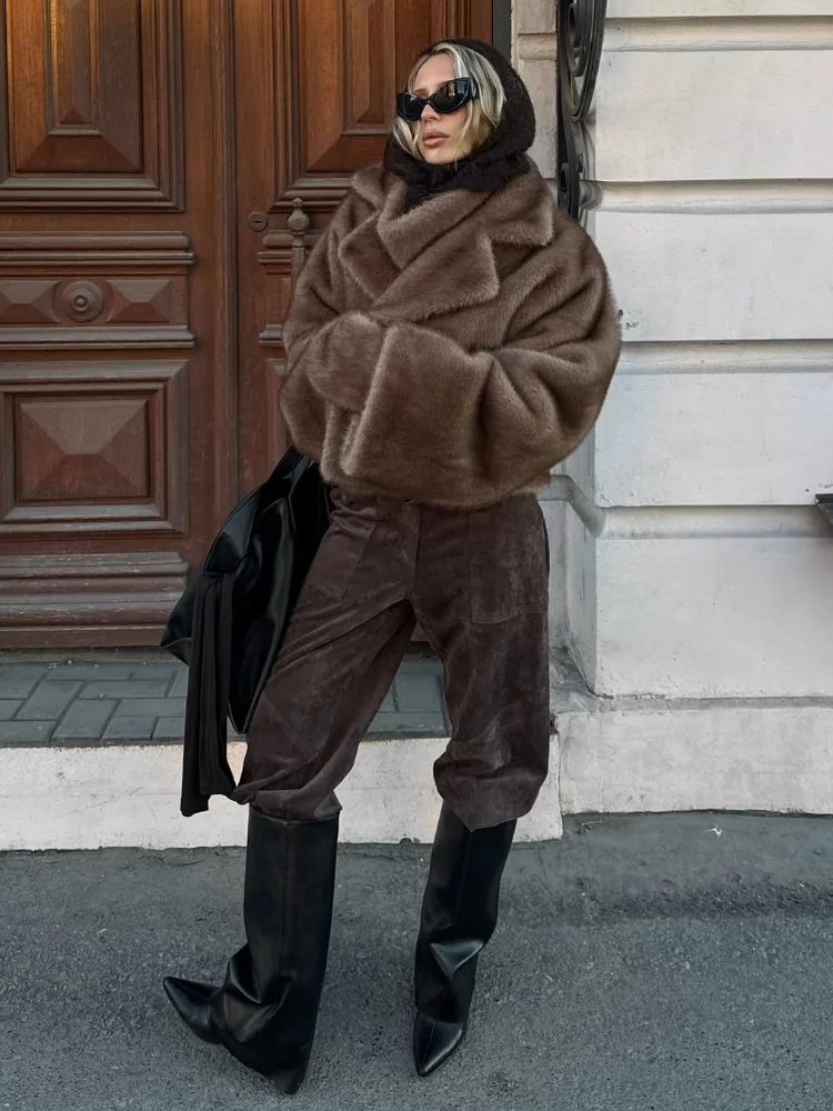

Casual Brown Women Overcoat Fashion Turndown Collar Long Sleeves Comfortable Loose Faux Fur Short Coat Lady Autumn Warm Outwear