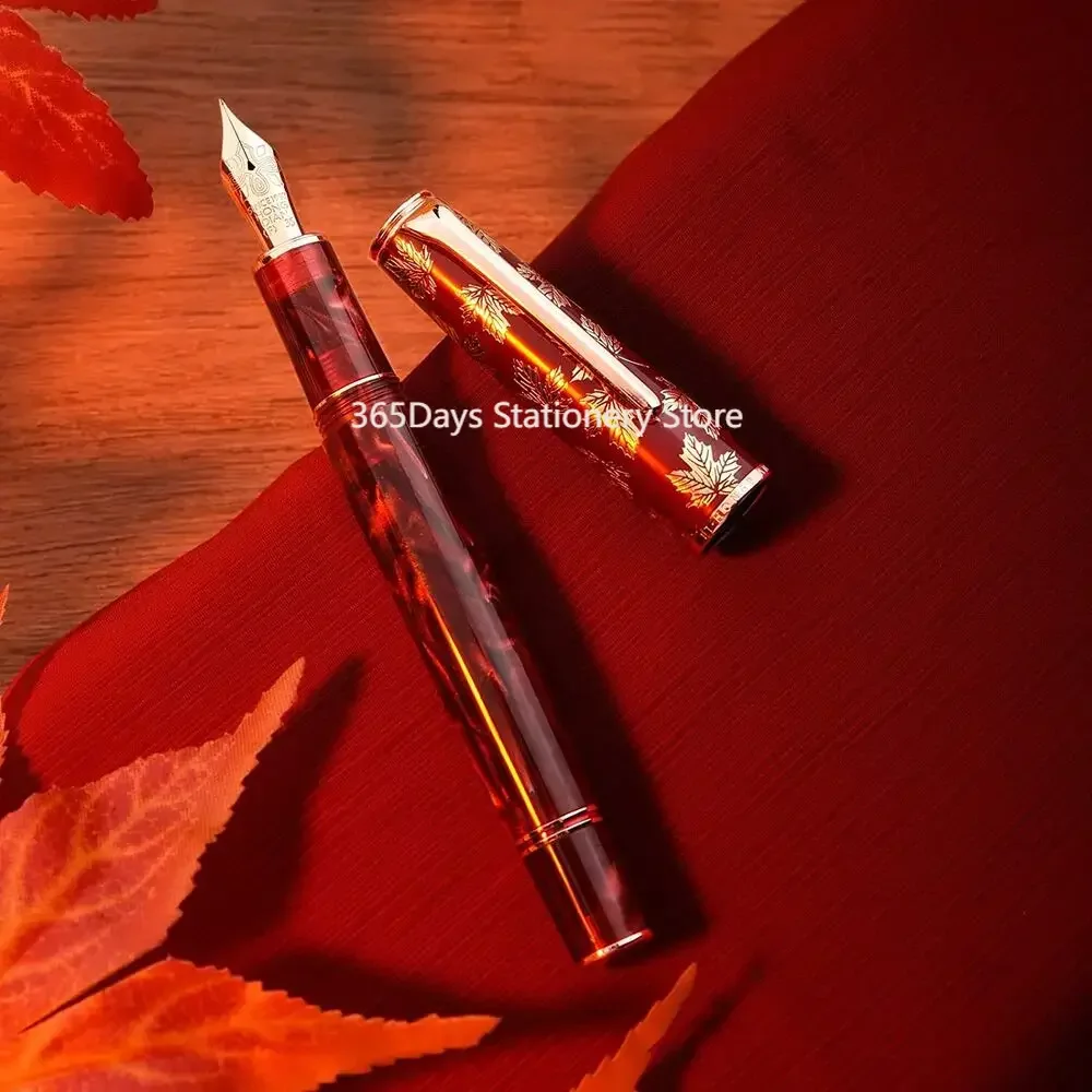 

Hongdian N8 Fountain Pen Red Acrylic Resin Maple Leaf Carving Cap EF/F Nib Trim Smooth Office Writing Gifts Pens With Converter