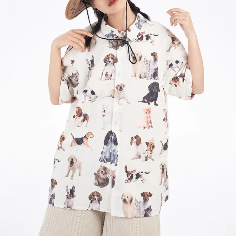 Women Funny Dog Animal Full Print Cute Casual Short Sleeve Shirts Women Blouse Teen Girls Summer New Korean Trendy Blusas Top