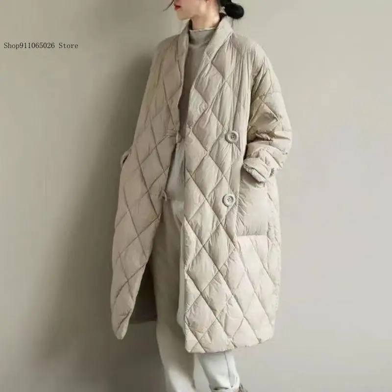 Autumn and Winter Loose Artistic Stand Up Collar Pure Color Pressed Line Grid Medium Long Thin Warm Cotton Jacket Women Clothing