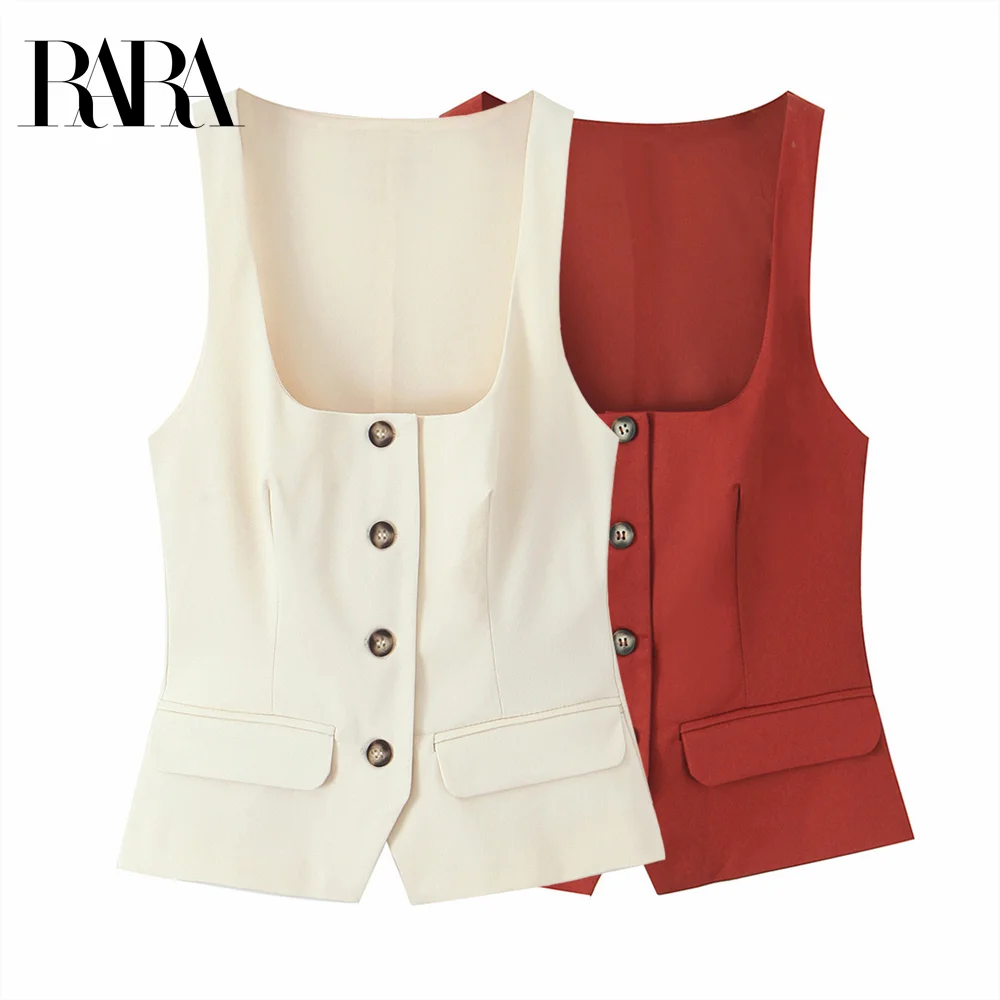 2025 RARA Women's Sleeveless Top Square Neck Design Button Front with Pockets for a Chic and Practical Look