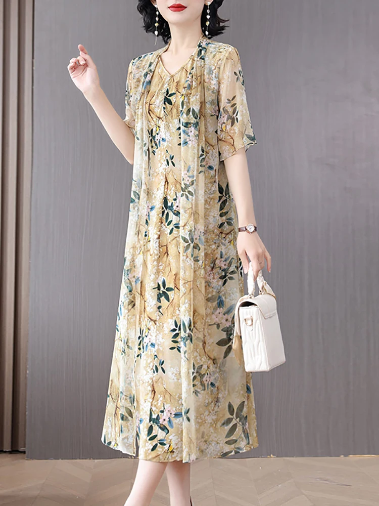 2024 Summer Floral Silk Chic Luxury Long Dress Korean Vintage Elegant Party Evening Dress Fashion Loose Dress for 40 Year Ladies