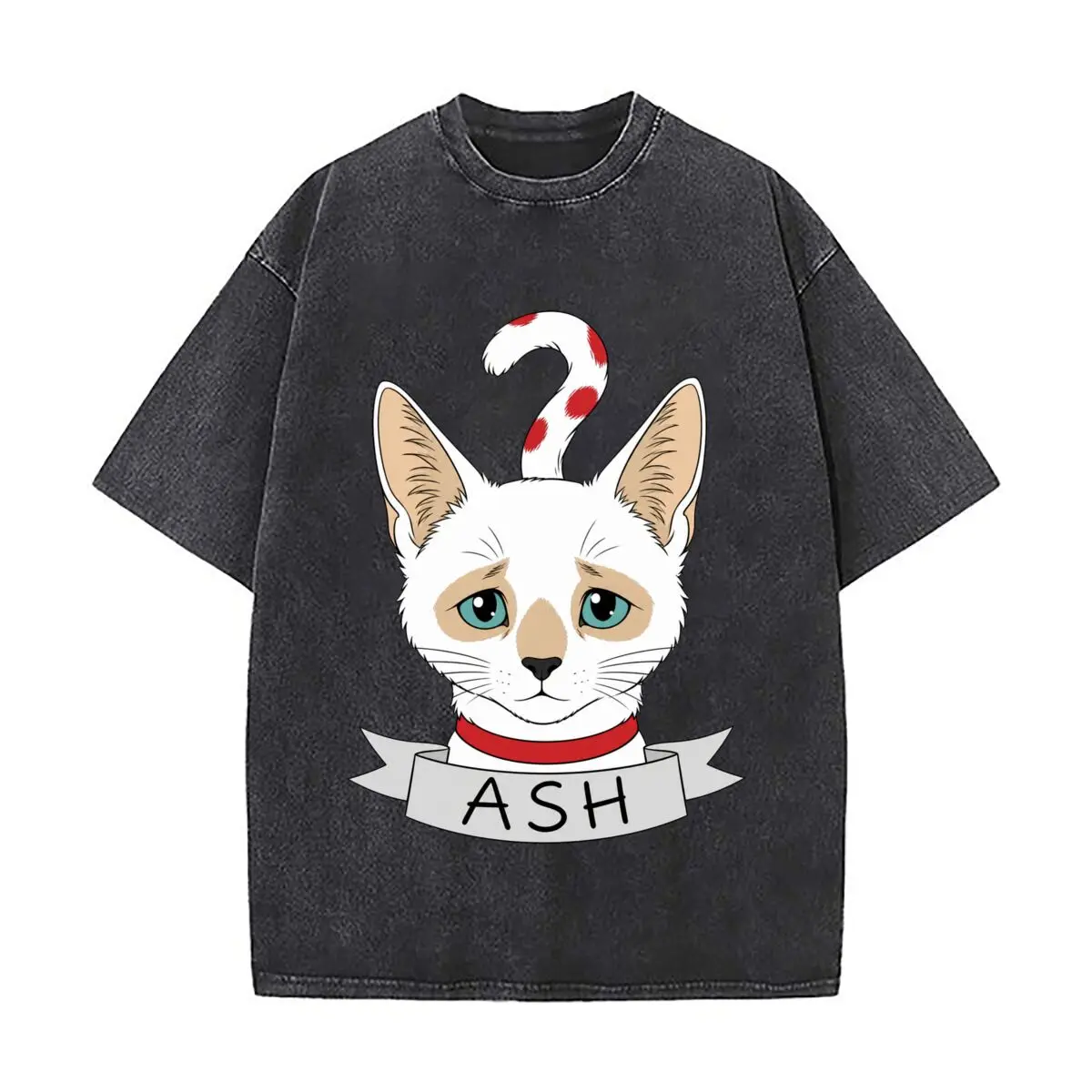 Футболка оверсайз с графическим принтом Ash Cat Character Portrait, в стиле distressed, для прогулок и отдыха
