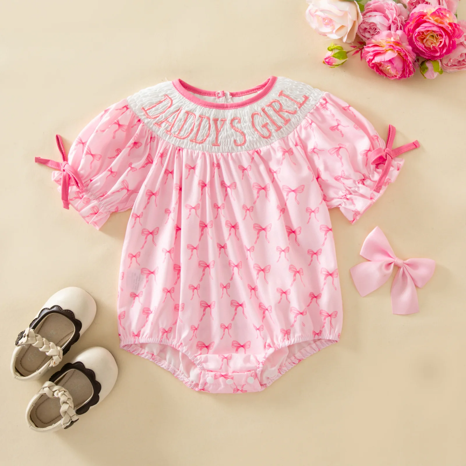 Baby Girls Smocked Embroidery Letter Print Bodysuit – Short Sleeve Summer Romper for Infants, Cute Crawler Onesie