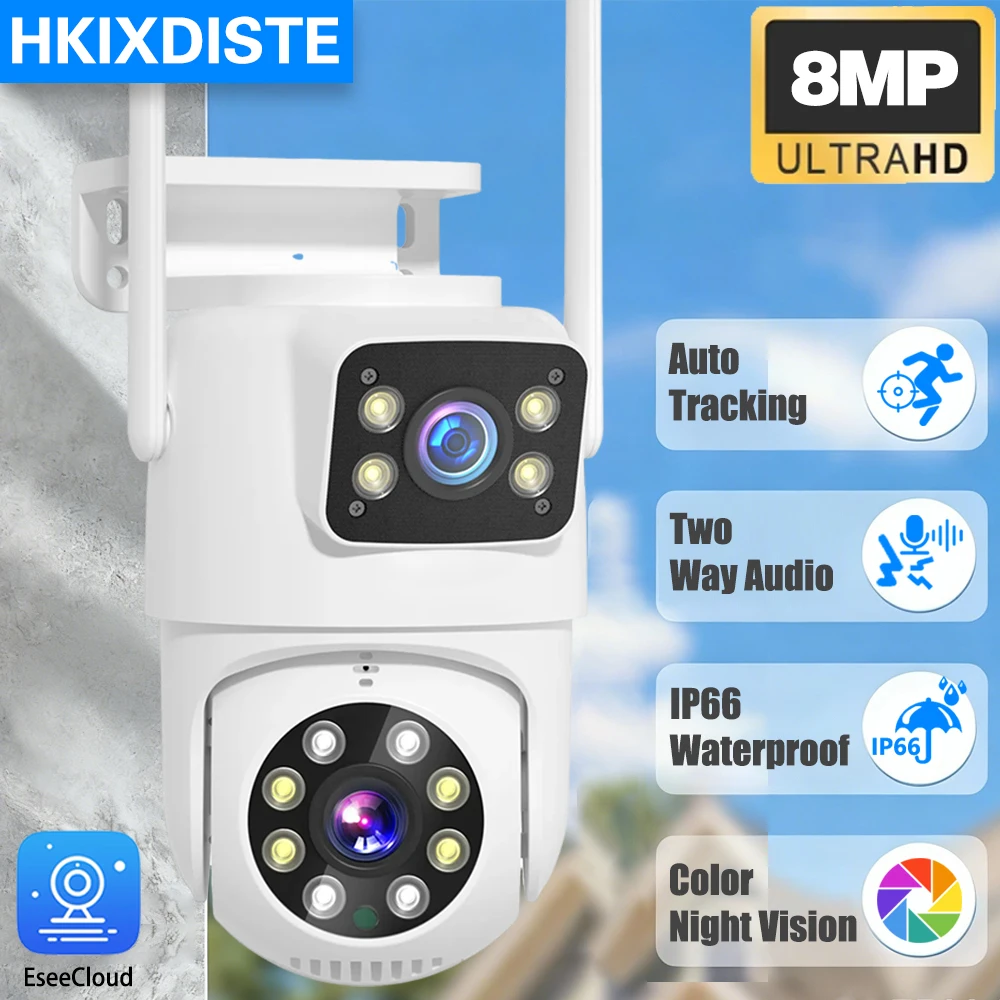 كاميرا واي فاي 4K 8MP PTZ خارجية شاشة مزدوجة كشف الإنسان عدسات مزدوجة 4MP حماية أمنية كاميرا IP اتجاهين الصوت EseeCloud