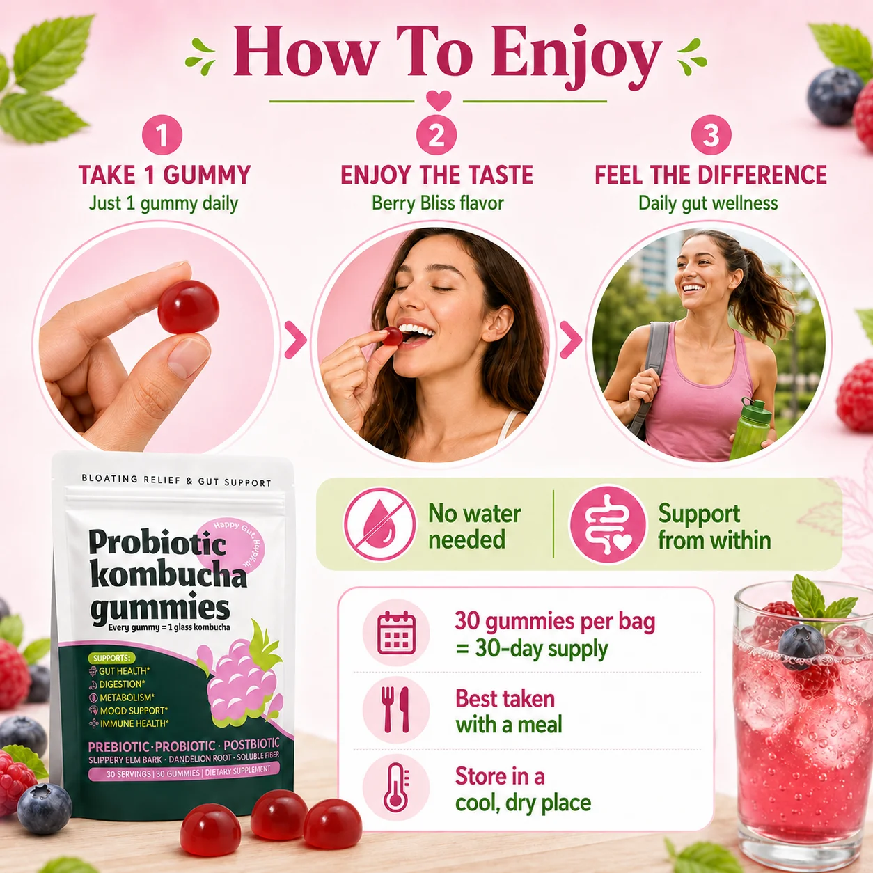 Probiotic Kombucha Gummies Every Gummy 1 Glass Kombucha Prebiotic Postbiotic Digestive Gut Health Vegan Berry Bliss 30 Gummies