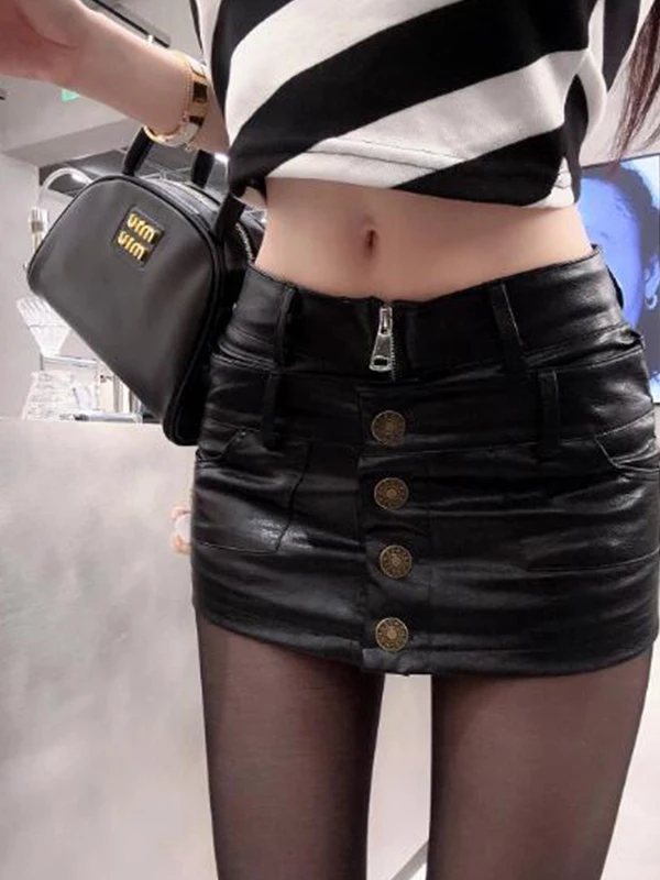

Сексуальная короткая юбка из искусственной кожи с низкой талией, на молнии и пуговицах, для женщин, модная, облегающая, повседневная, трендовая.