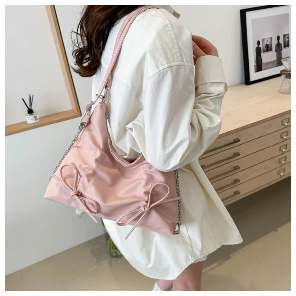 Women‘s Drawstring Wrinkled Bow Tote Bags PU Leather Large Capacity Shoulder Bags Simple Female Commuting Handbags Backpack