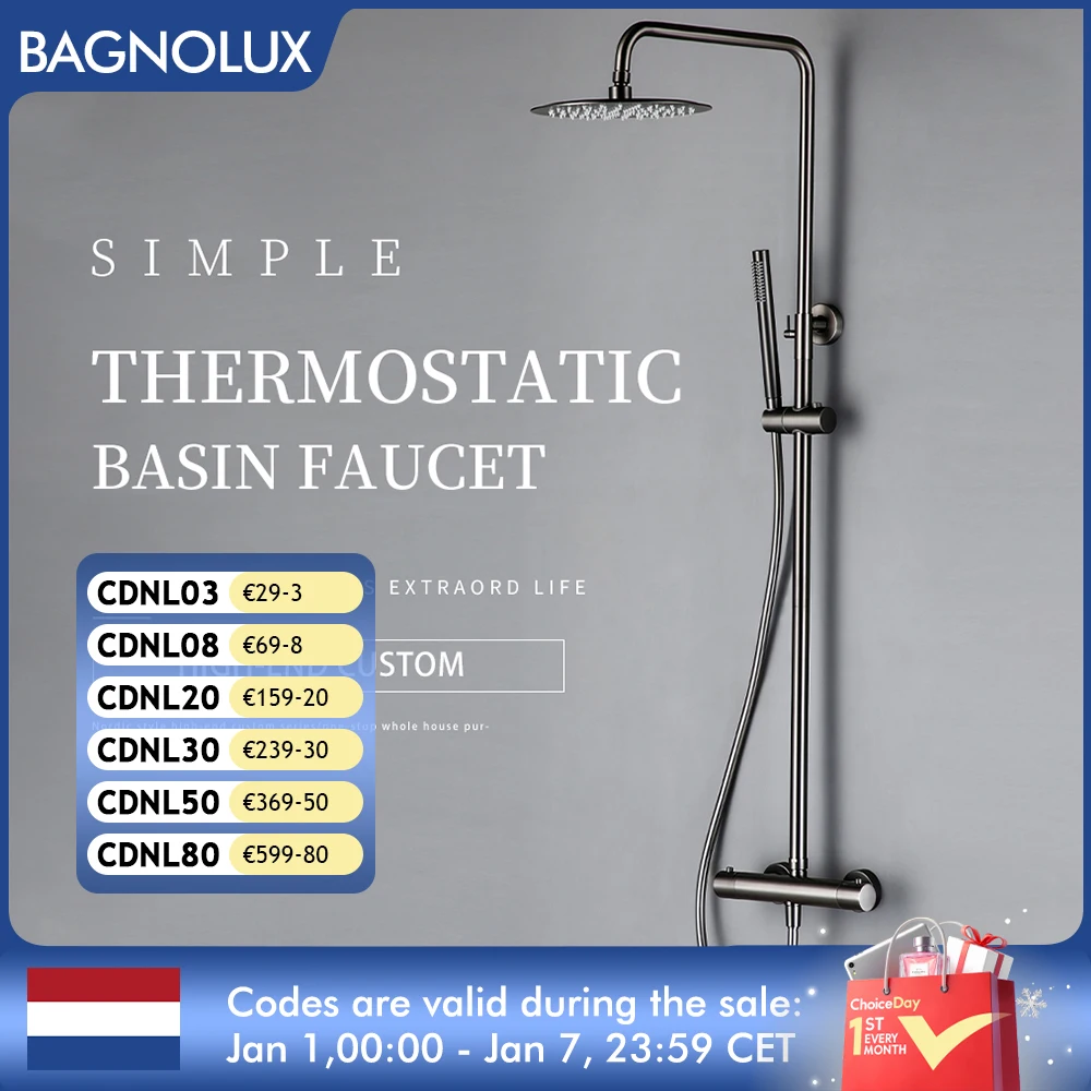 Wall-Mounted Thermostatic Valve System Bagnolux Brushed Gray Brass Rain Faucet  8 - 12 Top Spray Head Bathroom Shower Set