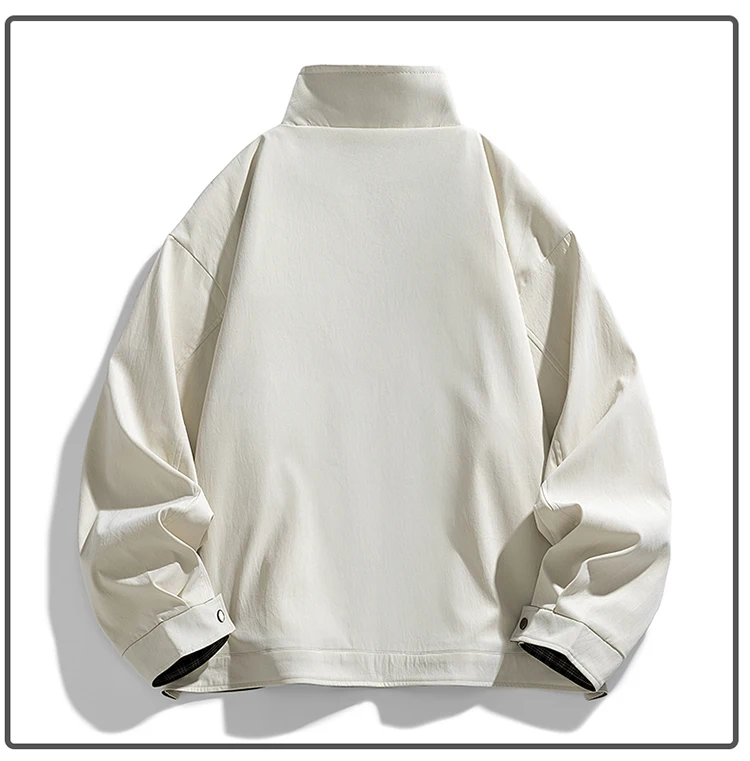 Herren Stehkragen-Freizeitjacke – Einfarbige, locker sitzende Windjacke mit Reißverschluss und Karofutter, Streetwear-Oberbekleidung – Detail 7