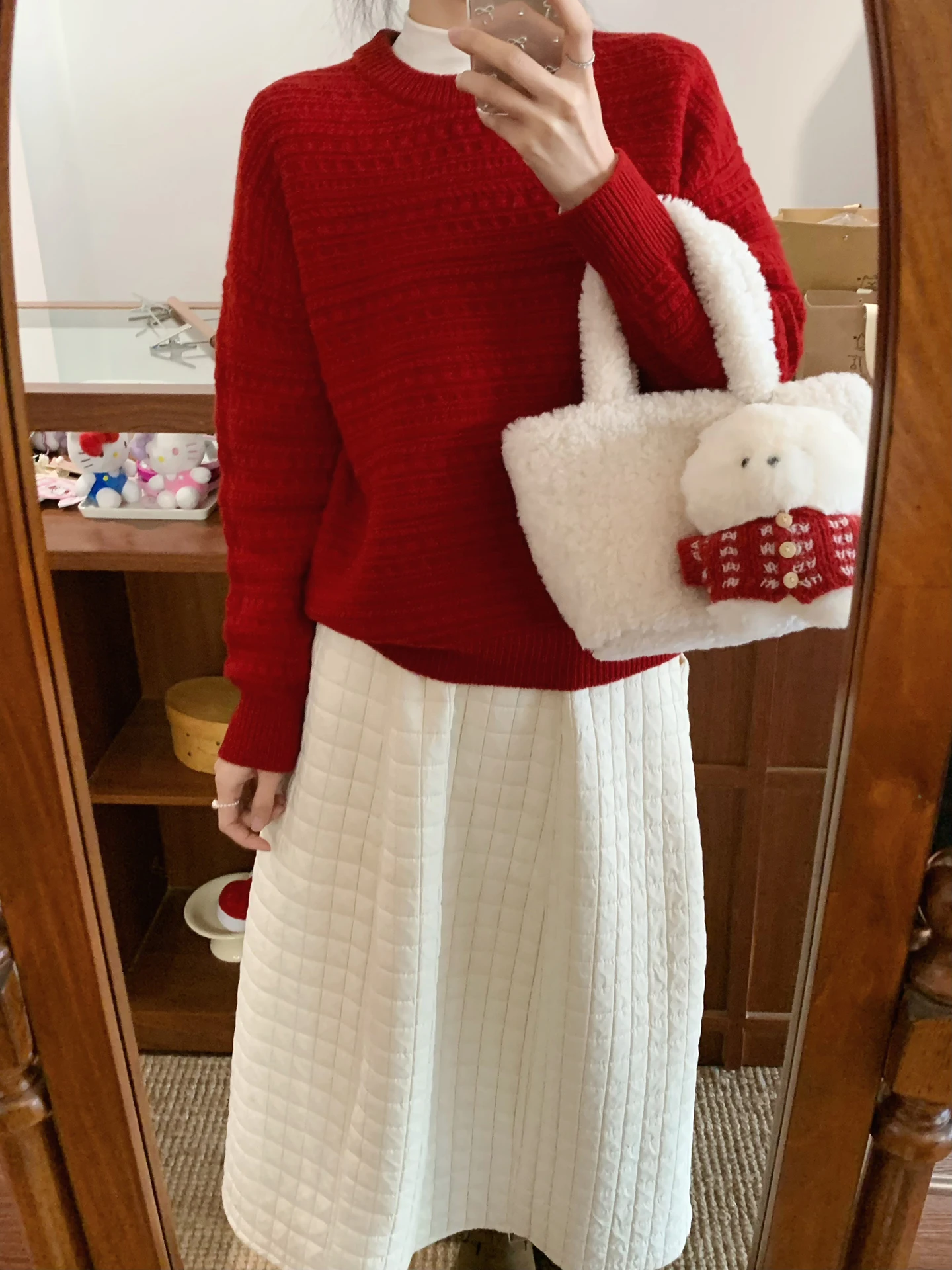 

Корейский свитер из 100% шерсти свободного кроя, круглый вырез, вязаный, красный, на Новый год, повседневный, женский, удобный, теплый, длинный рукав