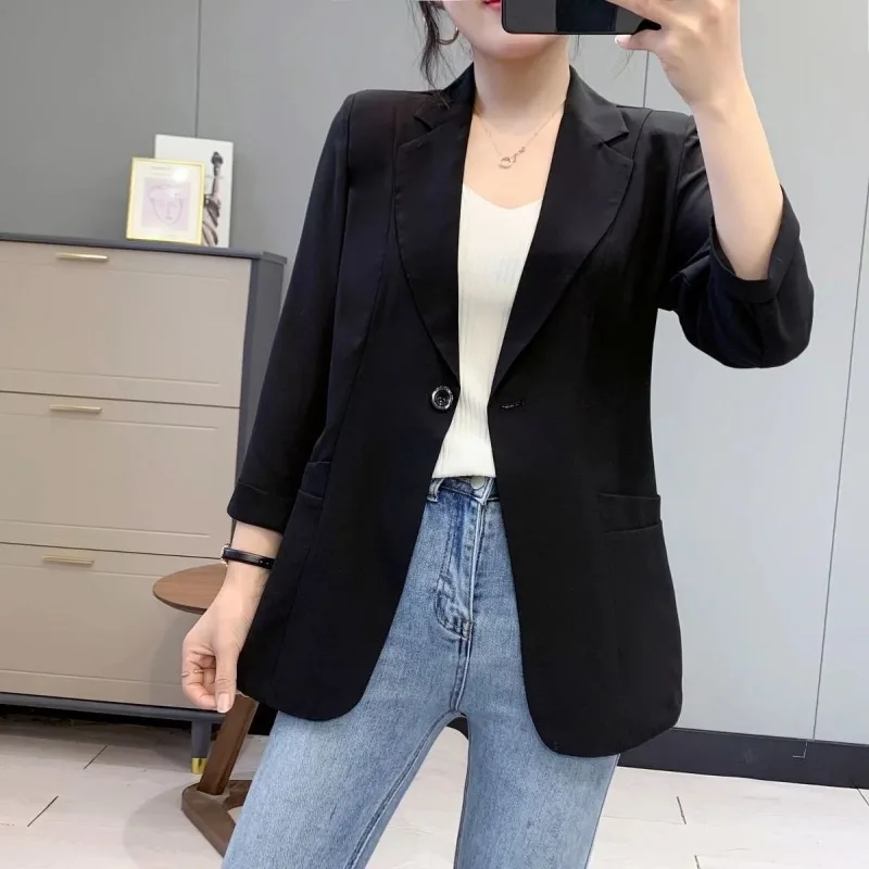 

Women's Korean Style Slim Fit Blazer Thin Cropped 3/4 Sleeve Suit Jacket For Petite
