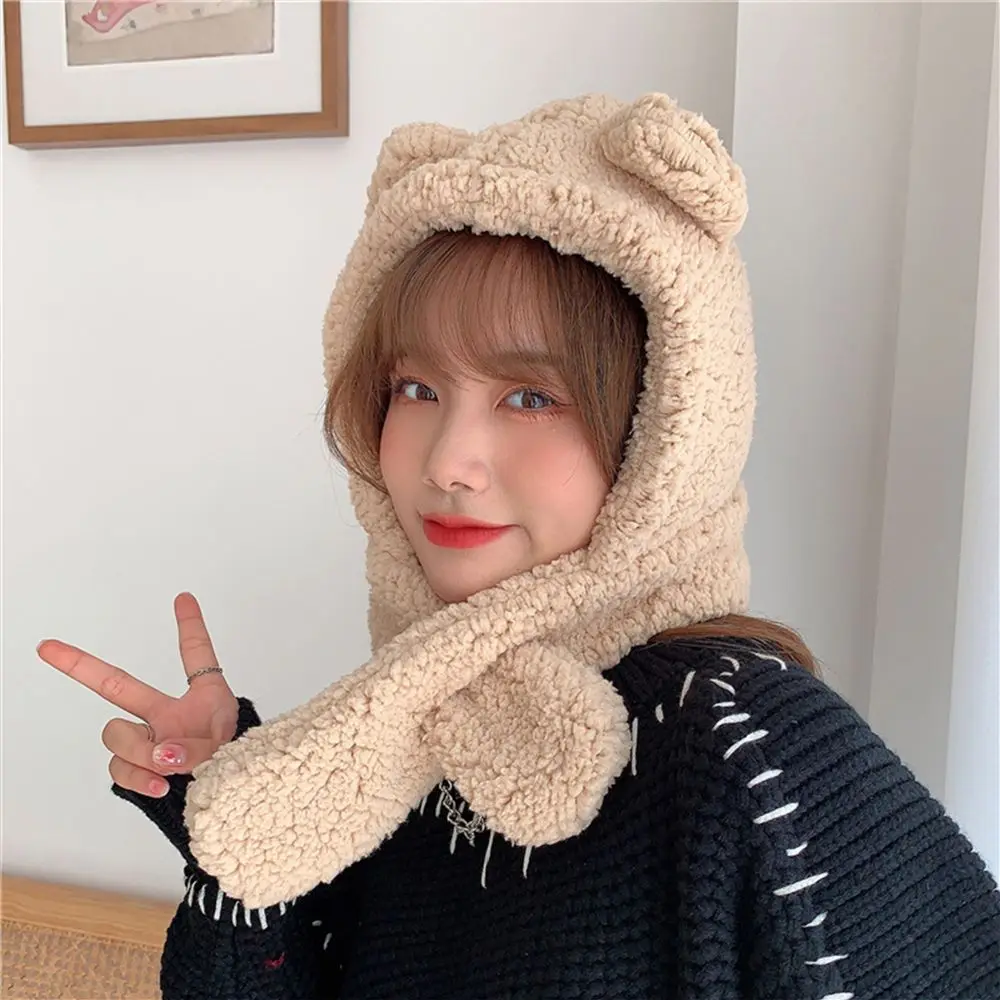 Fashion Women Beanies Caps Winter Warm Cute Bear Ear Hat Casual Plush Hat Women Earflap Earmuff Windproof Caps Scarf