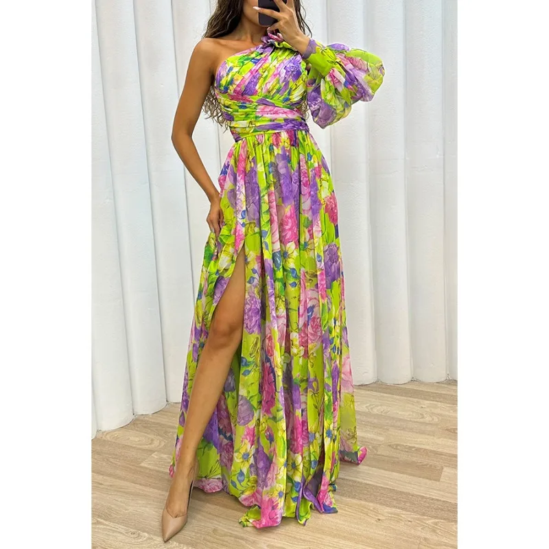 2025 Women's Casual Off Shoulder Long Sleeved Waist Tied Dress with Slanted Collar Holiday Party Fashion Print Slit Dress