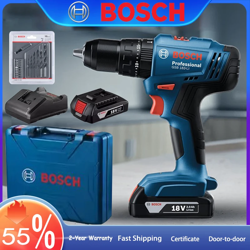 

BOSCH GSB183 Electric Drill Screwdriver Impact Drill 18V Li-battery And 15 Drill Bits Sets Professional 3In1 Power Tool With Box