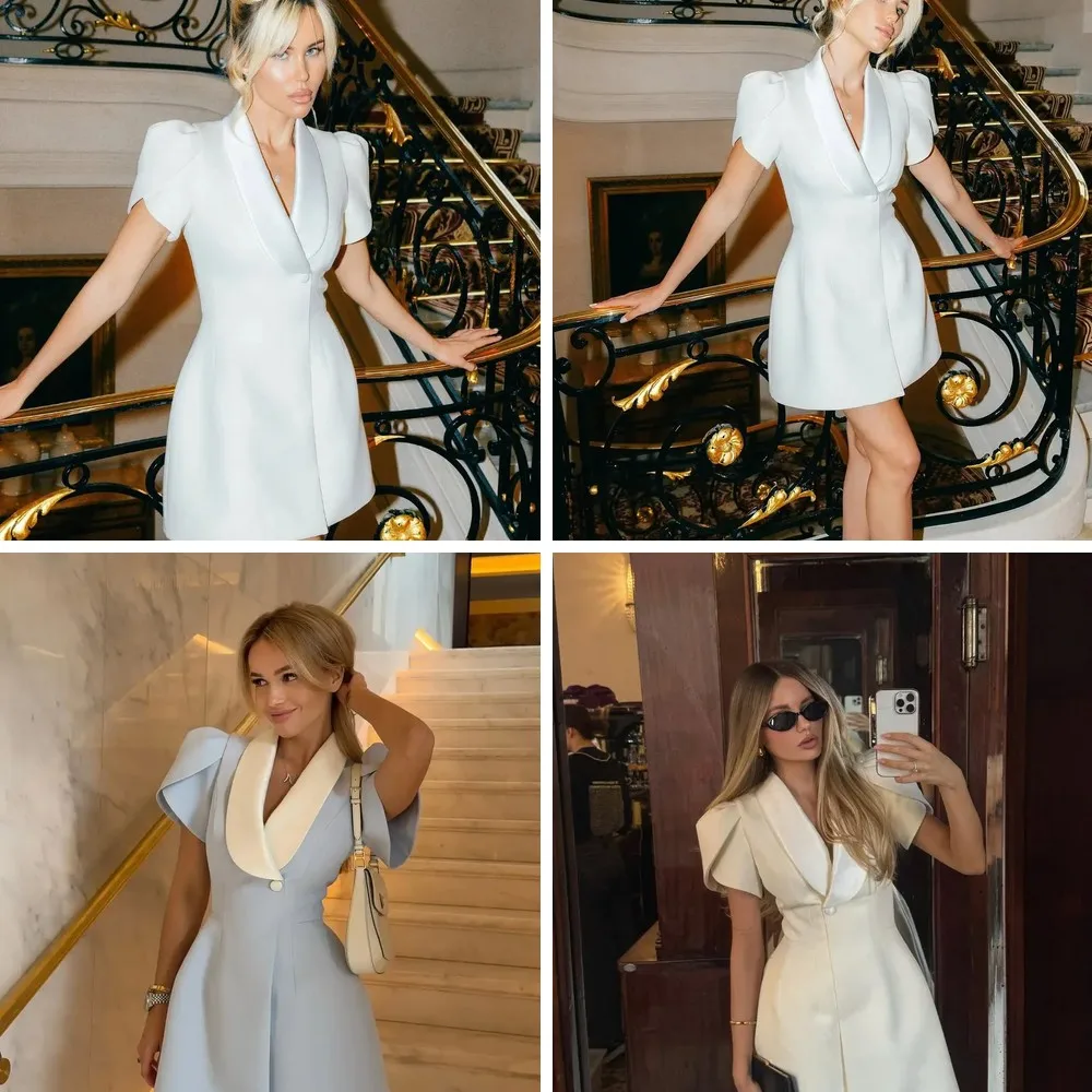 

Элегантное женское платье-блейзер однотонного цвета с пышными рукавами и завышенной талией для офиса и вечеринок 2026