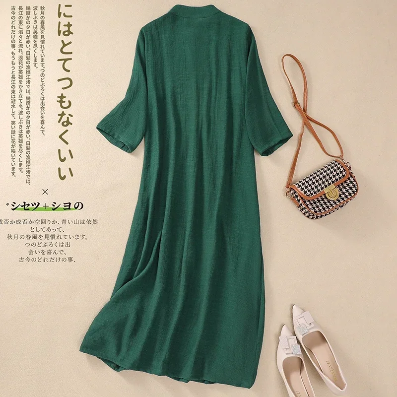 

Limiguyue Green Ankle Length Dress Thin Women Chinese Buckle Summer Vintage Loose Cheongsam Long Pleated Dress Vestidos J293