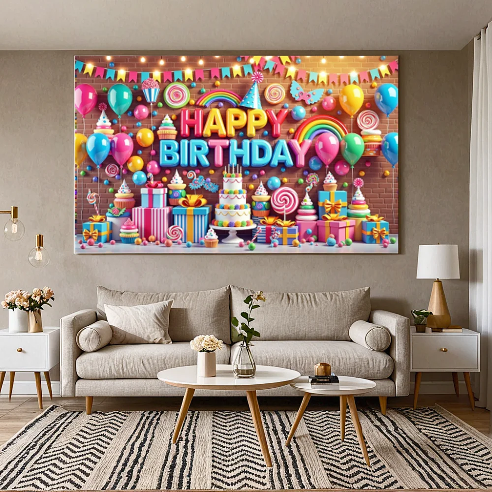 Aniversário feliz banner pano de fundo balões coloridos presentes bolo tema fantasia pano de fundo aniversário pendurado decoração suprimentos