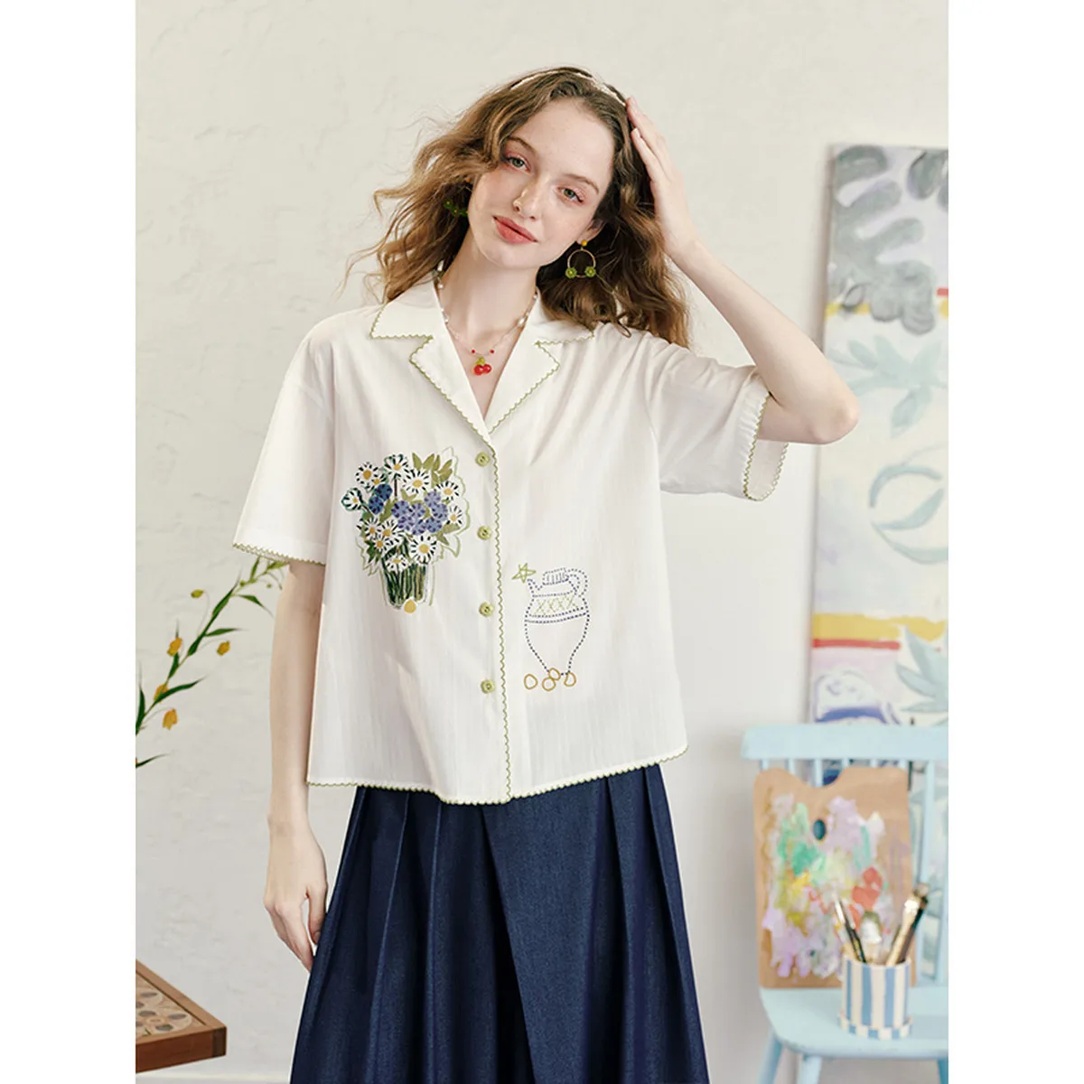 

Playful Artsy Print Embroidered Lapel Short Sleeve Shirt for Women