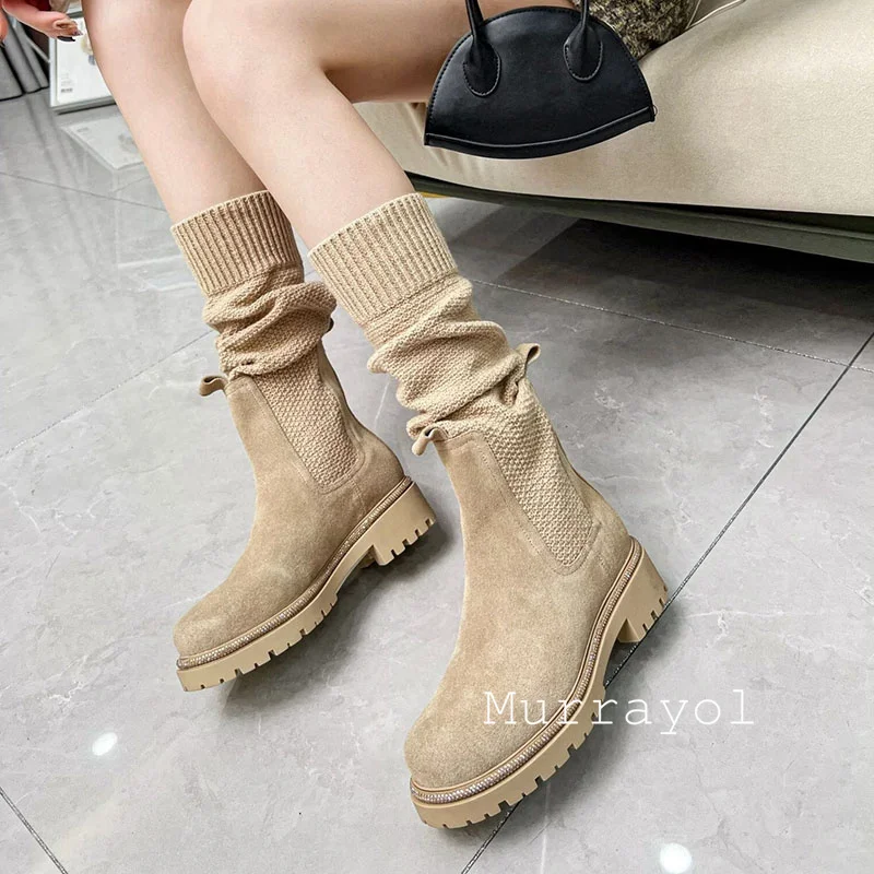 Knee High Boots Autumn Winter Suede Flat Thick Sole Sock Boots Women Round Toe String Bead Knitted Elasticity Long Booties view 6
