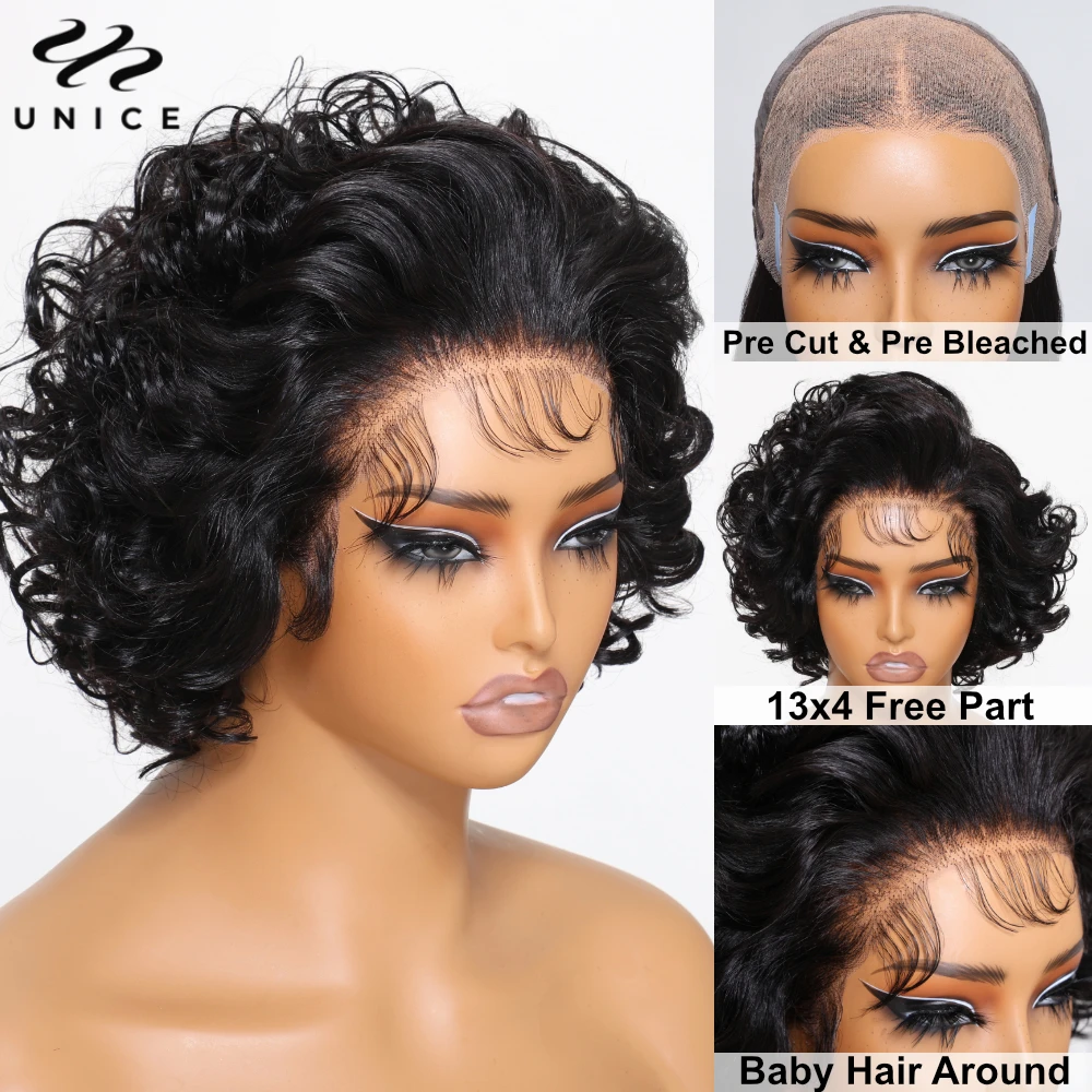 UNice Pre Everything 13x4 Lace Frontal Wig Loose Curly Pixie Cut Short Bob Wigs Human Hair Pre Cut Bleached Wear Go Wig 10Inch