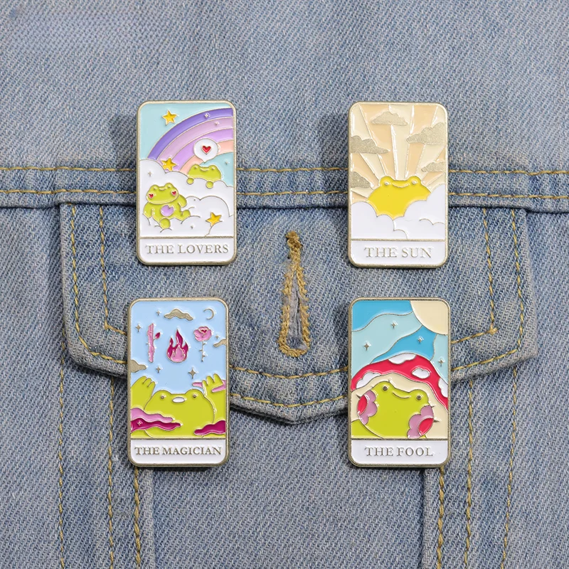 Frog Tarot Enamel Pins Sun Star Rainbow Love Brooches Lapel Pin Cartoon Froggy Animal Square Badges Jewelry for Backpack Clothes