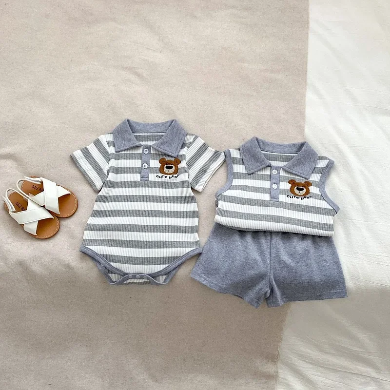 

New Summer Brother Match Clothes Sleeveless Turn Down Collar Striped Bear T-shirt Tops+Shorts Bottom 2PCS Outfits Tracksuit