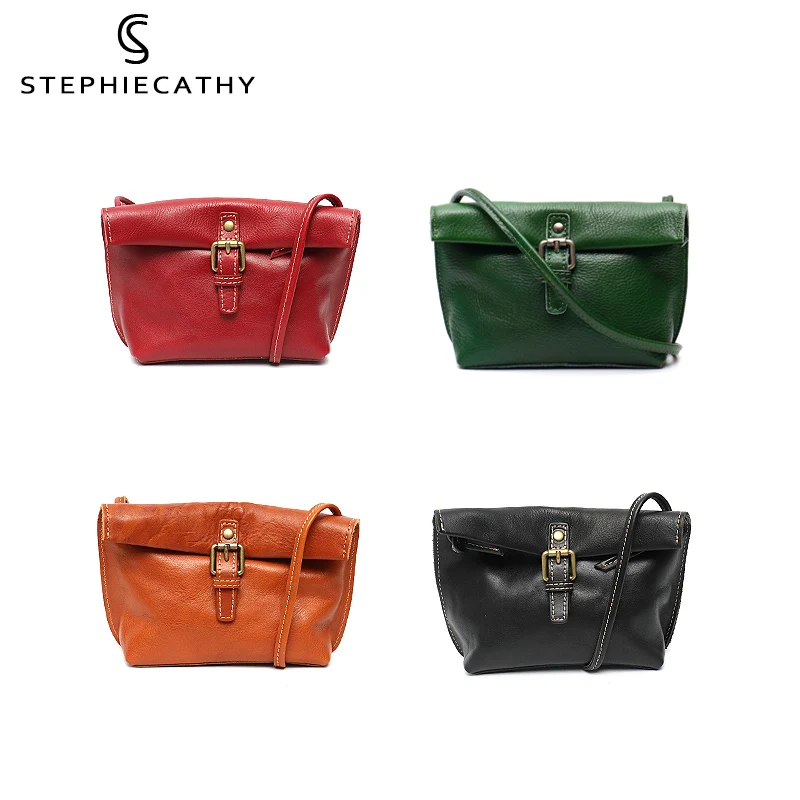 SC Vintage Genuine Leather Women Messenger Bags Casual Slim Strap Shoulder Purses Folding Female Cowhide Small Crossbody Handbag